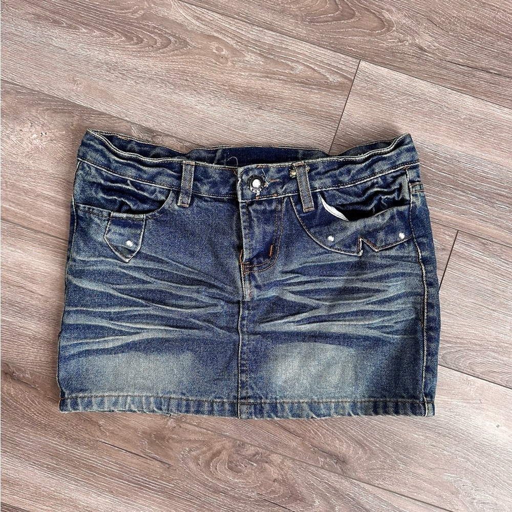 Jeans Wear‎ Y2K Denim Mini Skirt Medium 32x12 McBling Vintage Rhinestone Studded